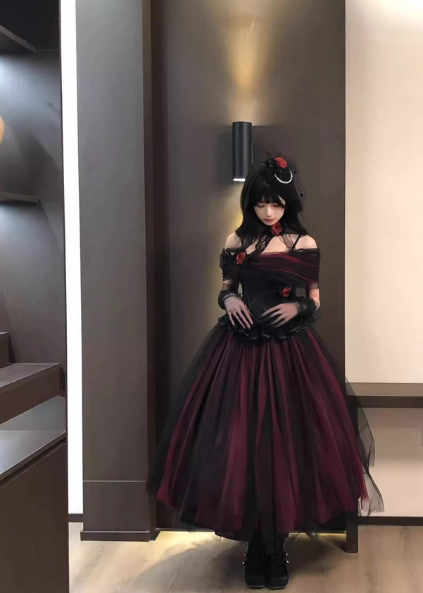 Burgundy Black Roses A Line Lace Tulle Lolita Goth Boning Dress Prom Dress DP4503