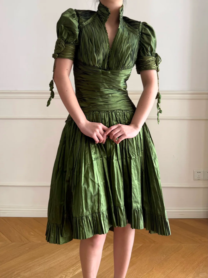 Vintage Green V Neck Pleated Satin Open Back Homecoming Dress Outfits DP5137