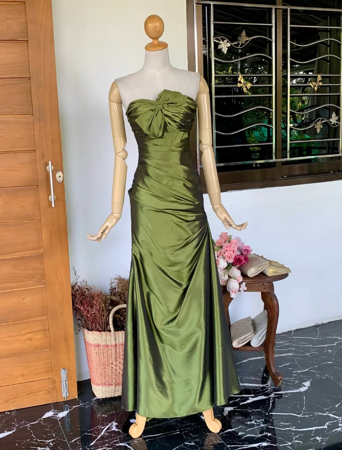 Green A Line Strapless Satin Long Prom Dress Evening Dress DP1833
