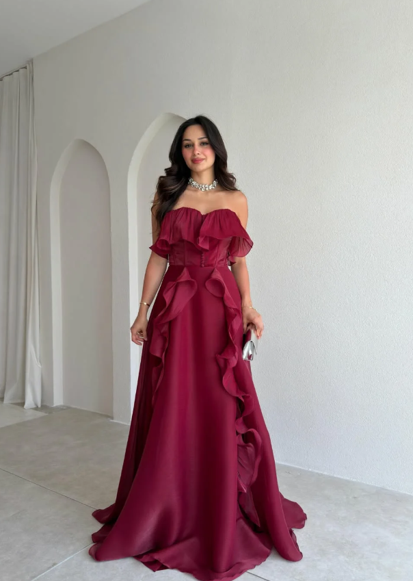 Ethereal A Line Strapless Ruffle Burgundy Chiffon Long Prom Dress Evening Dress DP6922