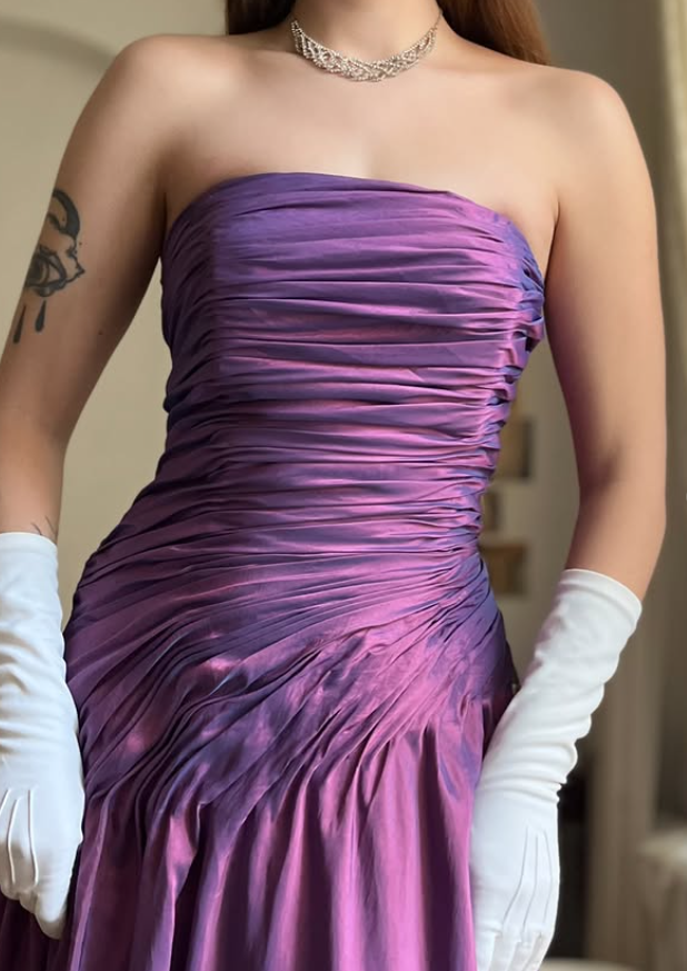 Vintage A Line Strapless Pleated Purple Satin Prom Dress Evening Dress DP5721