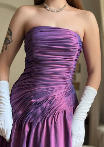 Vintage A Line Strapless Pleated Purple Satin Prom Dress Evening Dress DP5721