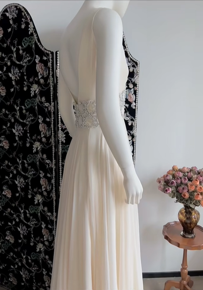 Gentle White A Line V Neck Beaded Chiffon Long Prom Dress Evening Dress DP5148