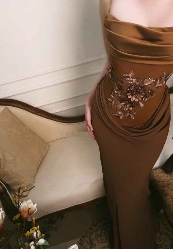 Caramel Sheath Spaghetti Strap Appliques Satin Long Prom Dress Evening Dress DP7921