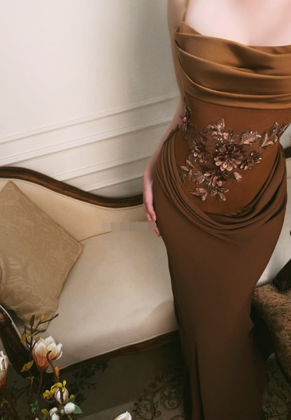 Caramel Sheath Spaghetti Strap Appliques Satin Long Prom Dress Evening Dress DP7921