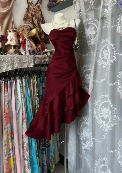 Vintage Mermaid Strapless Champagne Layered Satin Outfits Dress DP4855