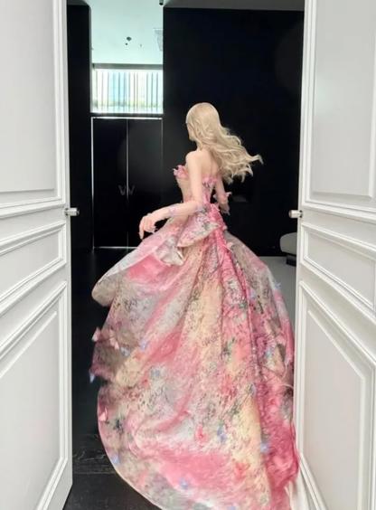 Sweety Pink Ball Gown Print Floral Chiffon Prom Dress Quinceanera Dress DP6614