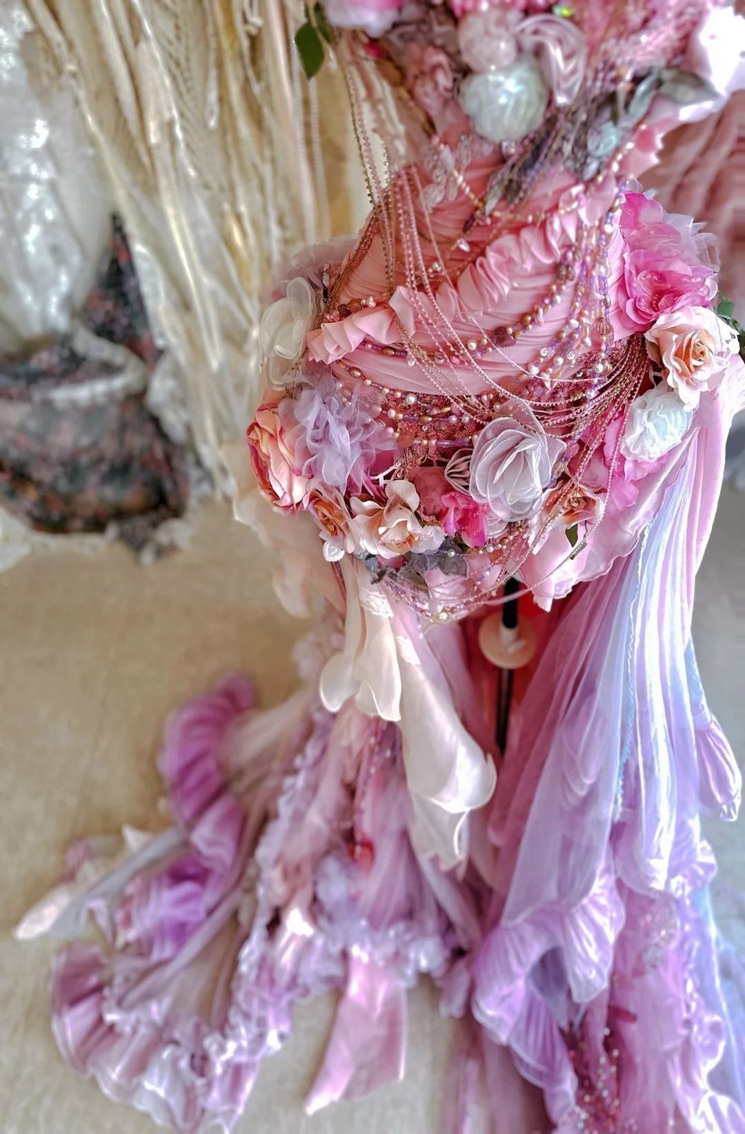 Unique Pink Mermaid Halter Exquisite Floral Chiffon Long Sweep Prom Dress Evening Dress Party Dress DP2973