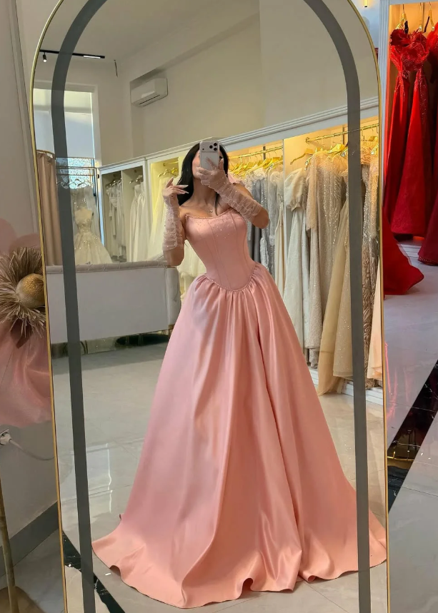Sweety Pink A Line Strapless Corset Beaded Satin Long Prom Dress Evening Dress DP6944
