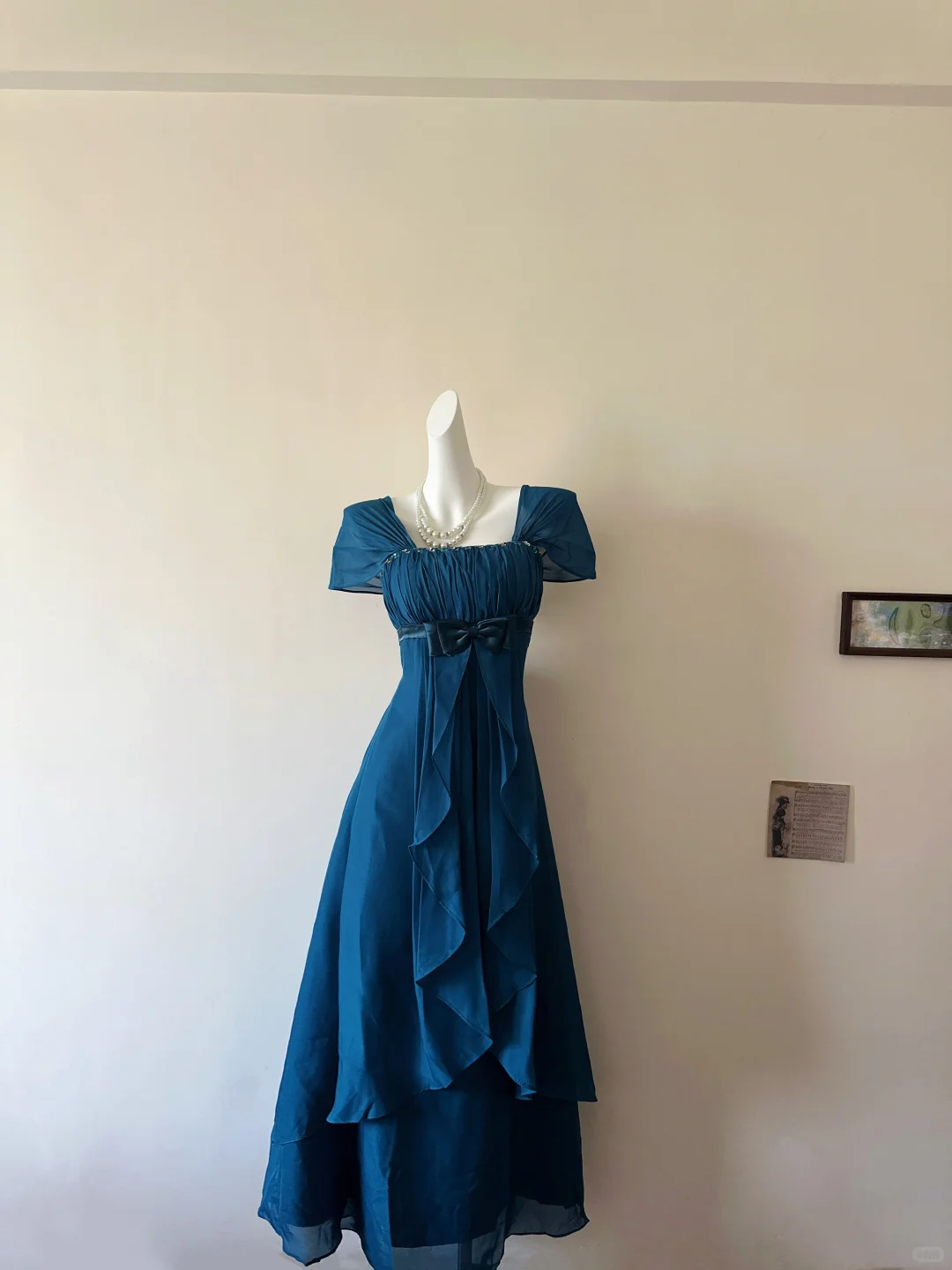 Vintage A Line Straps Beaded Peacock Blue Chiffon Prom Dress Outfits DP5014