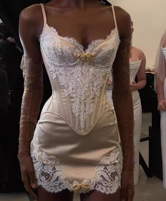 Unique Sheath Spaghetti Strap Lace Champagne Satin Short Homecoming Dress DP2741