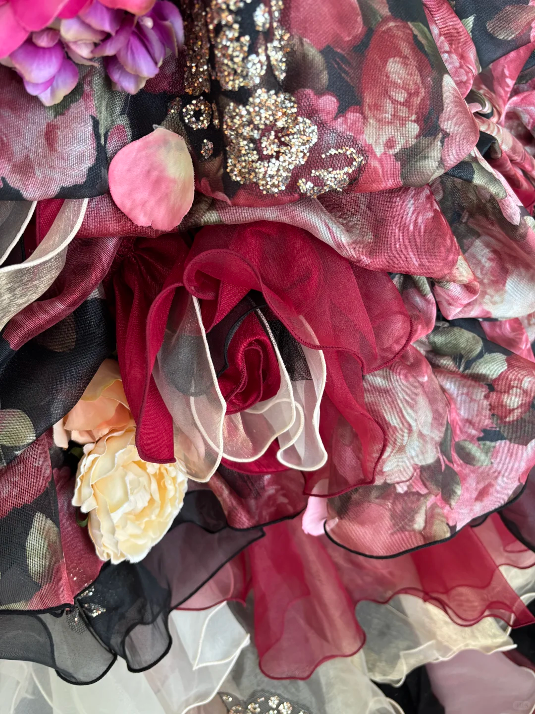 Vintage Black-Red Ball Gown Strapless 3D Floral Layered Organza Prom Dress Sweet 16 Dress DP5665