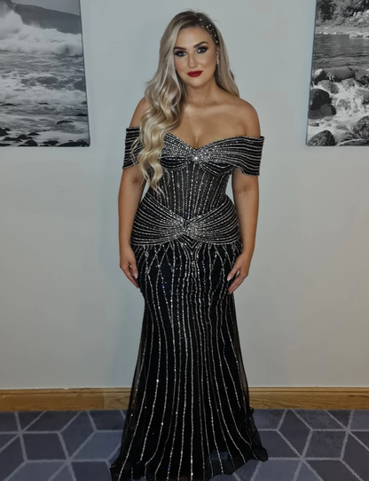 Luxurious Mermaid Off the Shoulder Beaded Black Tulle Long Prom Dress Evening Dress DP6340