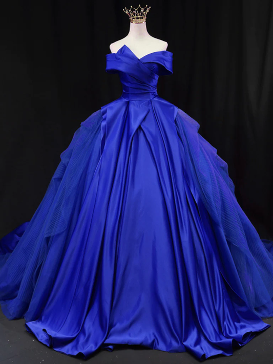 Off The Shoulder Tulle Satin Blue Long Prom Dress Formal Ball Gown DP039