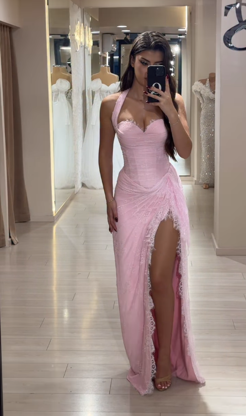 Elegant Pink Sheath Halter Lace Long Prom Dress Evening Dress with Slit DP4394