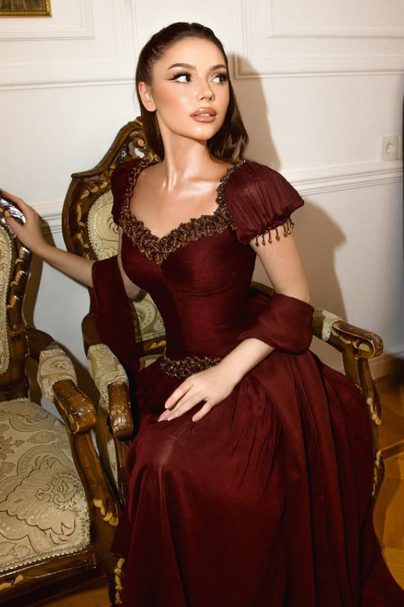Dark Burgundy A Line Puff Sleeve Beaded Chiffon Long Prom Dress Evening Dress DP6055