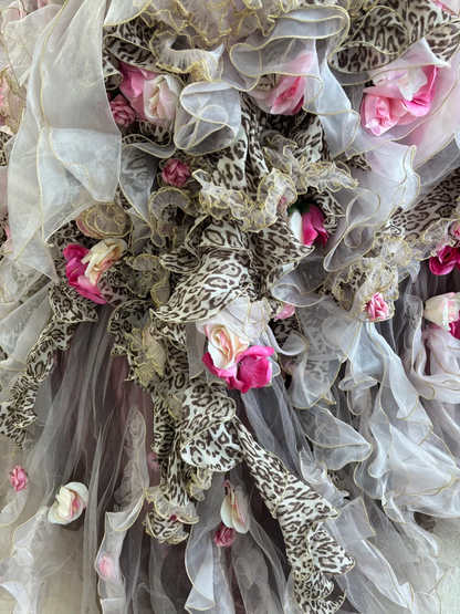 Vintage Leopard Print Ball Gown Strapless 3D Floral Layered Tulle Prom Dress Sweet 16 Dress DP5667