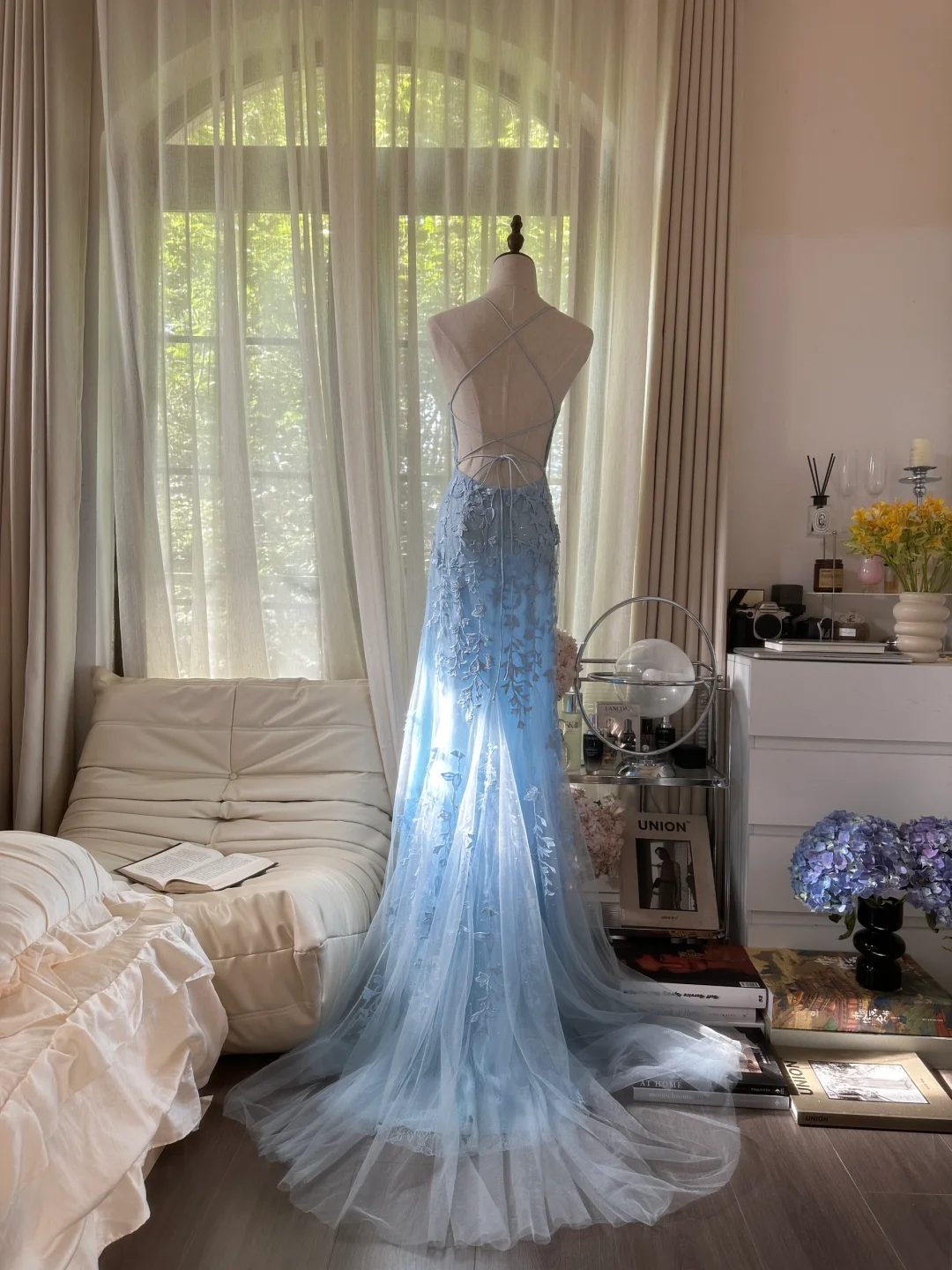 Light Blue A Line Spaghetti Straps Appliques Tulle Open Back Party Dress Evening Dress DP2472