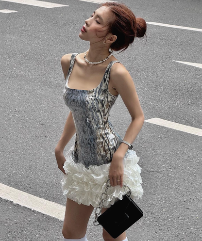 Sexy Silver Sheath Straps Sequin Satin Short Vacation Dress Outfits DP4899