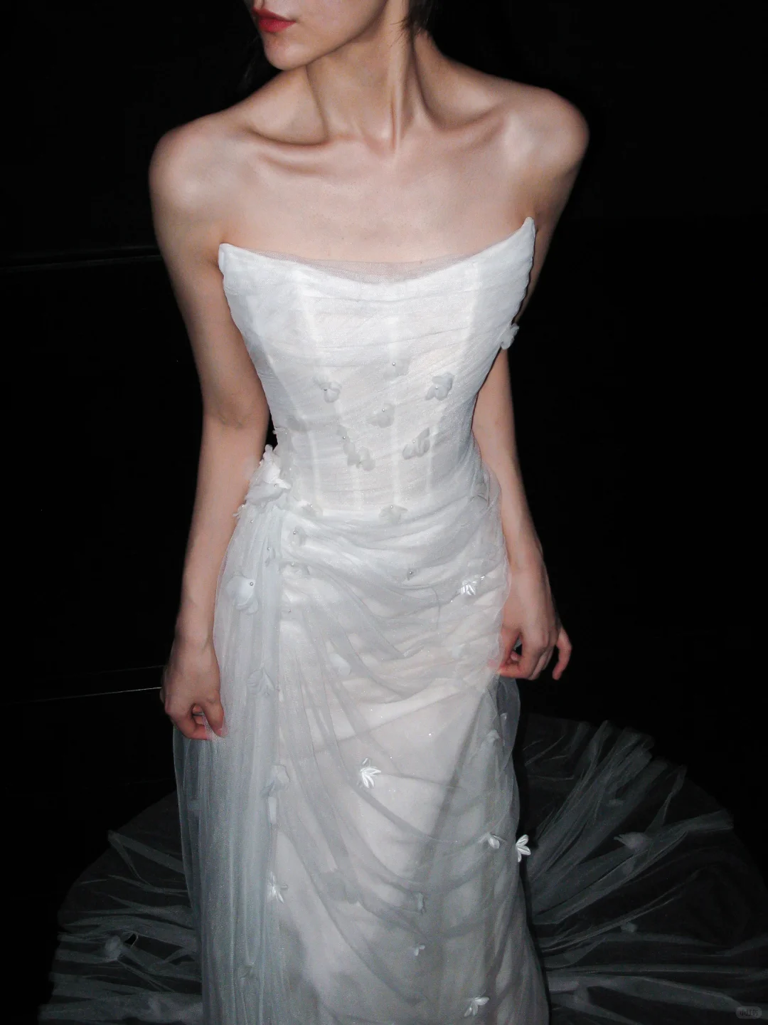 Charming Sheath Strapless 3D Floral White Tulle Long Wedding Dress DP5797