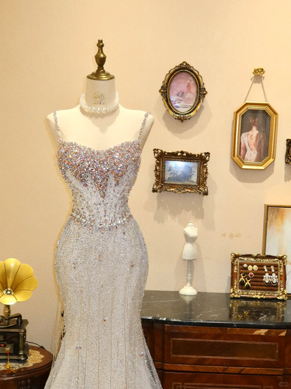 Exquisite Mermaid Spaghetti Strap Beaded White Tulle Prom Dress 21th Birthday Dress DP3918