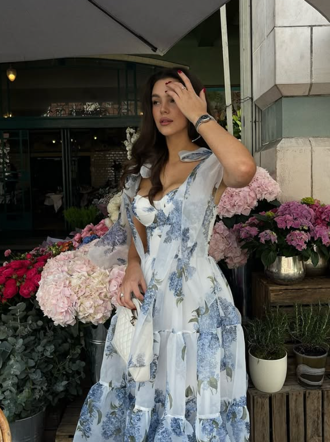 Blue Print Floral A Line Spaghetti Strap Chiffon Long Prom Dress Evening Dress DP6035