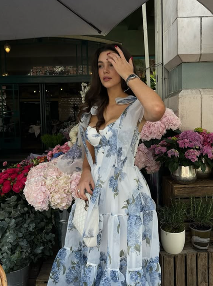 Blue Print Floral A Line Spaghetti Strap Chiffon Long Prom Dress Evening Dress DP6035