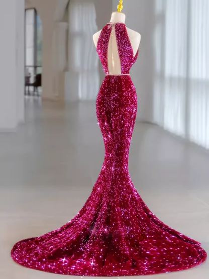 Modest Mermaid Backless Sequin Prom Dress Long Evening Dress DP253