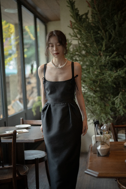 Classic Black A Line Spaghetti Strap Satin Long Prom Dress Party Dress Outfits DP4527