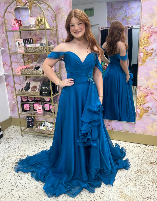 Pretty Dark Blue A Line Off the Shoulder Beaded Chiffon Long Prom Dress Evening Dress DP6516