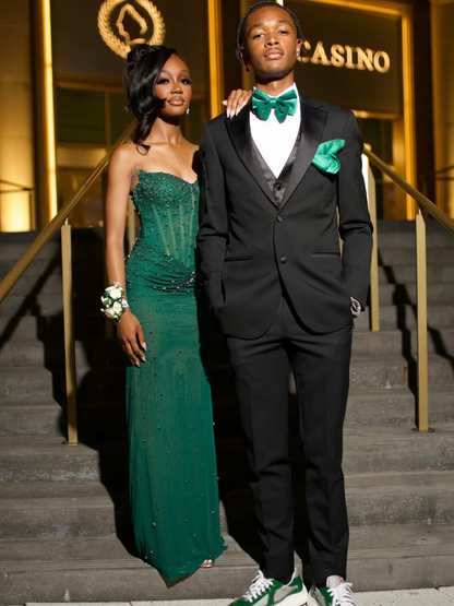 Sexy Sheath Strapless Beaded Corset Black Tulle Ball Gown Graduation Prom Dress DP4842