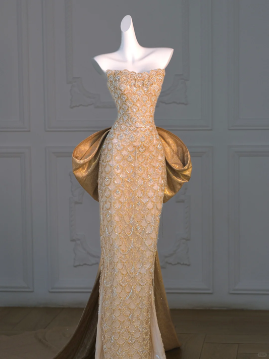 Golden Sheath Strapless Beaded Satin Long Party Dress Evening Dress with Slit DP2594