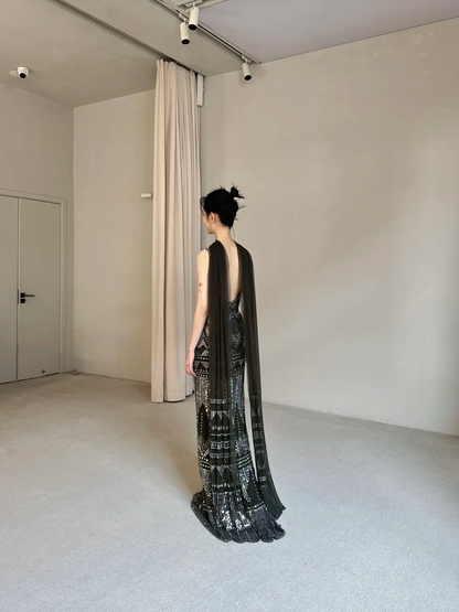 Stunning A Line Straps Exquisite Beaded Black Chiffon Long Prom Dress Party Dress DP4466