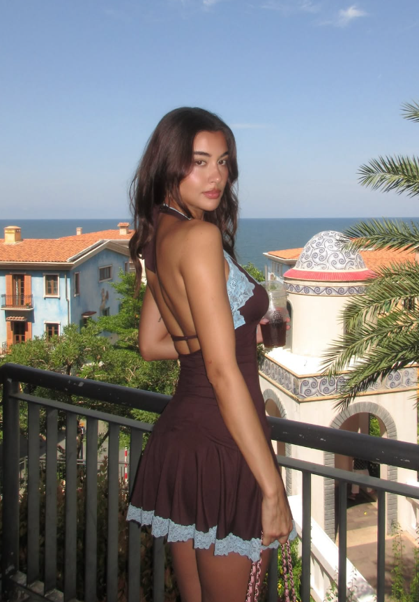 Sexy Deep V Neck Blue Lace Brown Satin Short Outfit Homecoming Dress Cocktail Dress DP2986