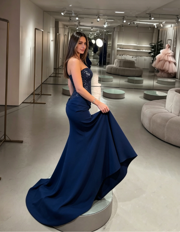 Sexy Dark Blue Mermaid Sequin Satin Prom Dress Evening Dress DP5145