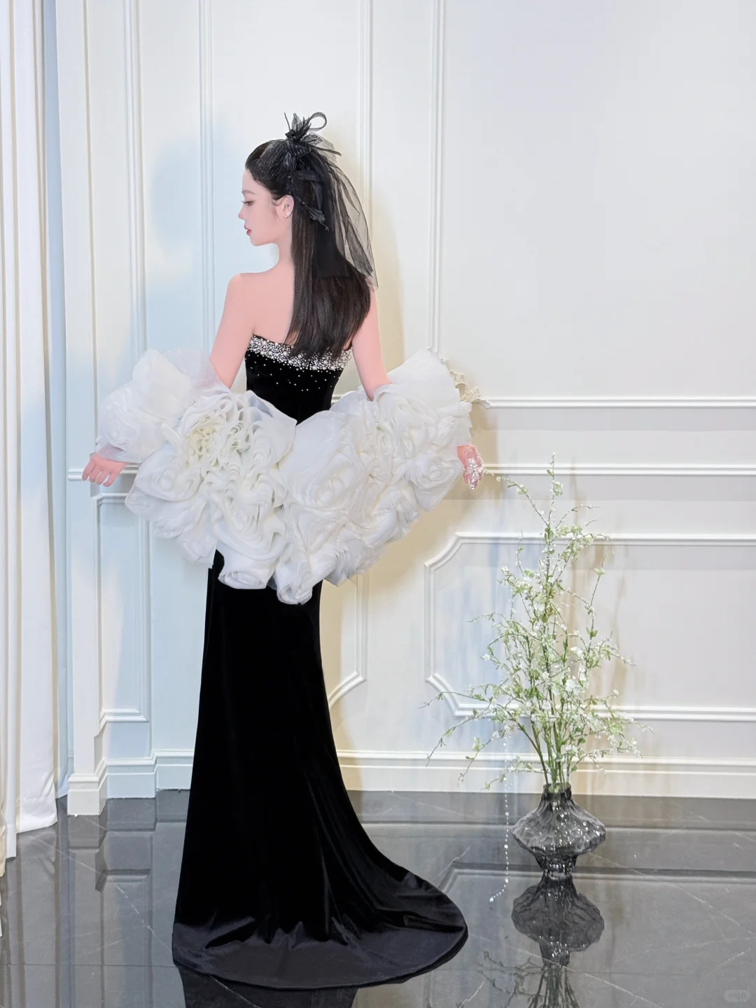 Elegant Mermaid V Neck Pearl Black Velvet Satin Long Prom Dress Party Dress DP4310
