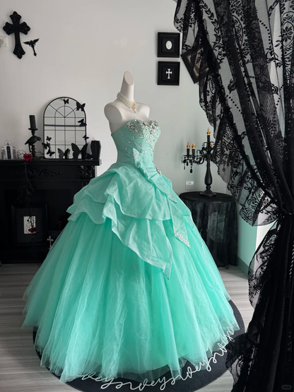 Mint Green Ball Gown Sweetheart Neck Sequin Beaded Tulle Prom Dress Quinceanera Dress DP6965