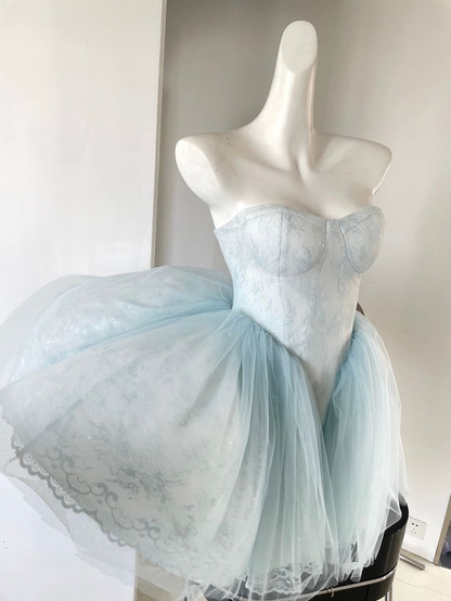 Baby Blue Lace Tulle Bustier Short Prom Dress Homecoming Dress DP472