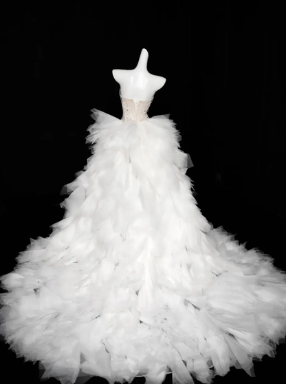 Charming Mermaid Strapless Rhinestone White Tulle Long Prom Dress DP2751