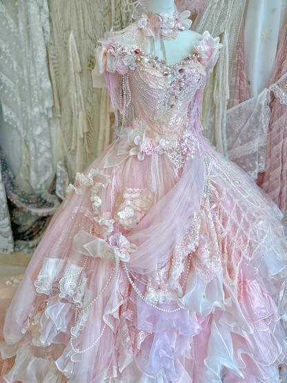 Stunning Pink Ball Gown Off the Shoulder Floral Exquisite Beaded Tulle Prom Dress DP3818