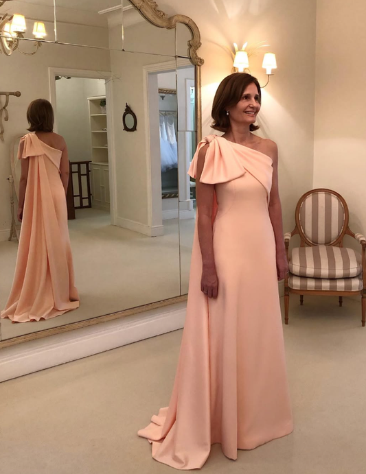 Elegant A Line One Shoulder Pink Satin Long Wedding Guest Dress DP4905