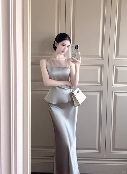 Grey Two Piece Mermaid Round Neck Satin Long Prom Dress Outfits DP4612