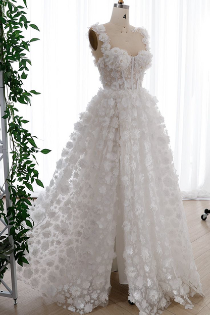 White A Line Straps Corset 3D Floral Pearls Prom Dress Evening Dress with Slit DP1206