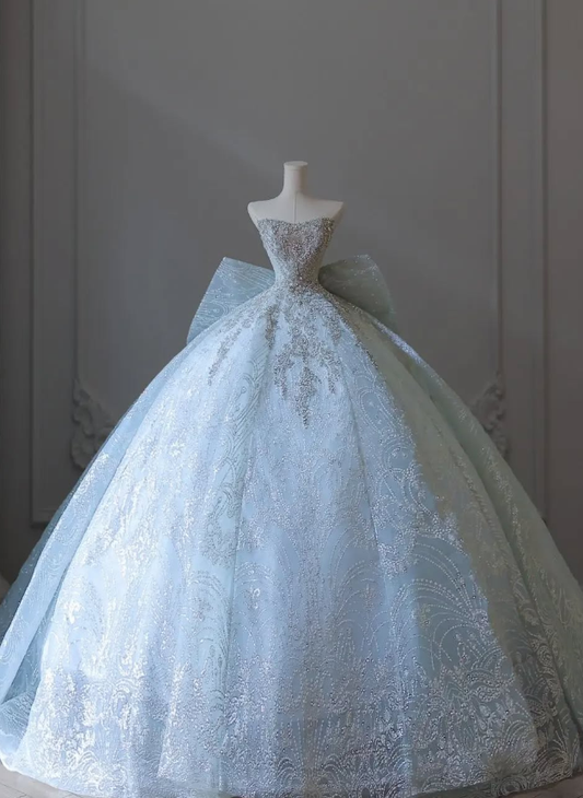 Blue Bow Ball Gown Strapless Sequin Beaded Tulle Long Prom Dress Wedding Dress DP4650