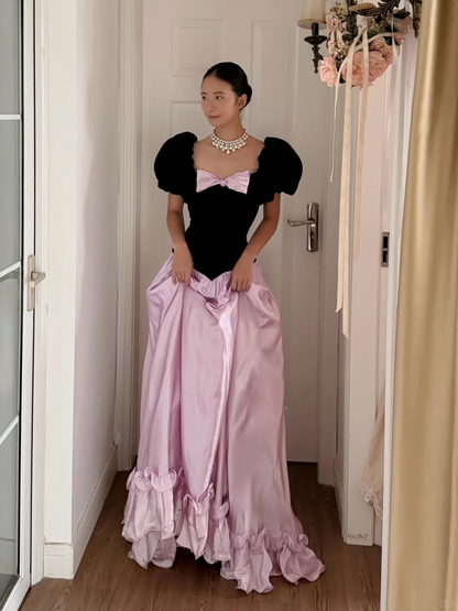 Retro Princess A Line Puff Sleeve Pink Satin Black Velvet Long Prom Dress Evening Dress DP6800