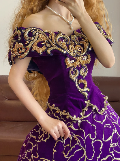 Purple A Line V Neck Beaded Embroidery Velvet 16th Birthday Dress Party Dress Quinceanera Dress DP4094