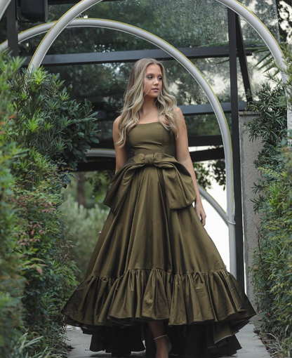Charming A Line Sweetheart Neck Green Satin Prom Dress Evening Dress with Bow DP1698