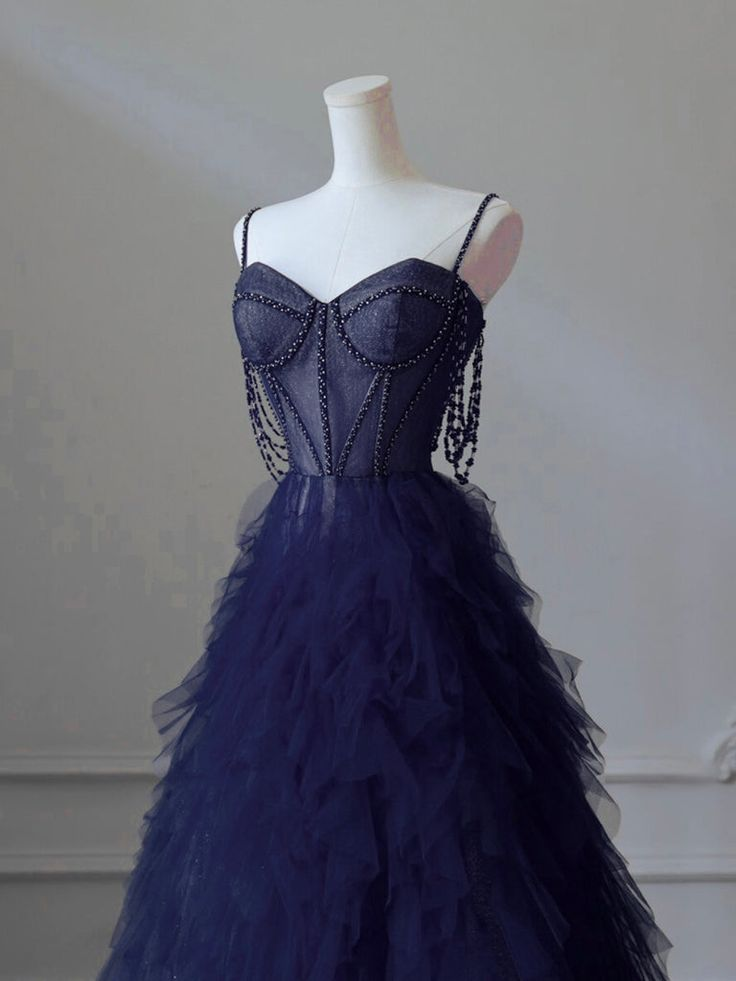 A-Line Sweetheart Neck Tulle Navy Blue Long Prom Dress Graduation Dress DP191