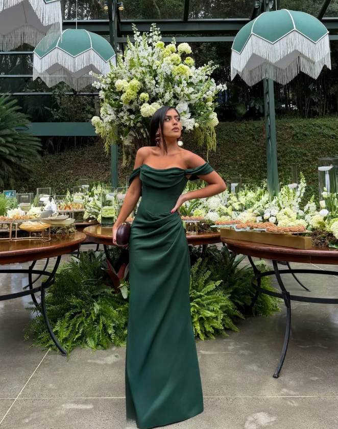Emerald A Line Off the Shoulder Satin Long Prom Dress Evening Dress with Slit DP6929