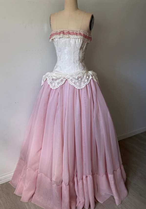 Vintage Pink A Line Strapless Satin Tulle Long Prom Dress Evening Dress DP7880